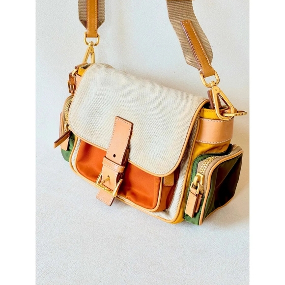 Vintage PRADA Multi‑Pocket Camel Leather & Canvas Shoulder Bag – Grade A‑ - Picture 3 of 6